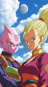 Two anime characters standing under bright daytime sky.