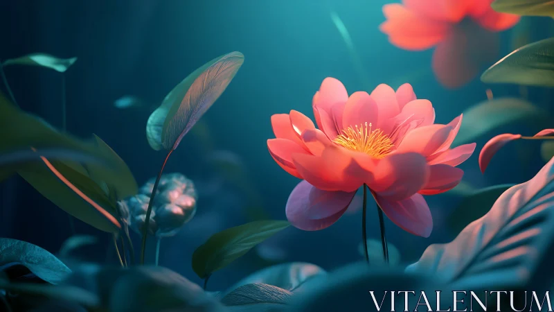 Vibrant coral peonies bloom underwater in dreamlike sanctuary.
