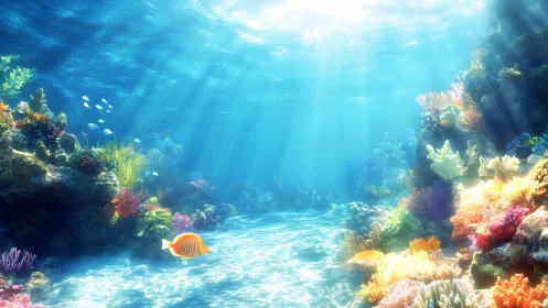 Colorful coral reef under clear blue sunlit ocean water.