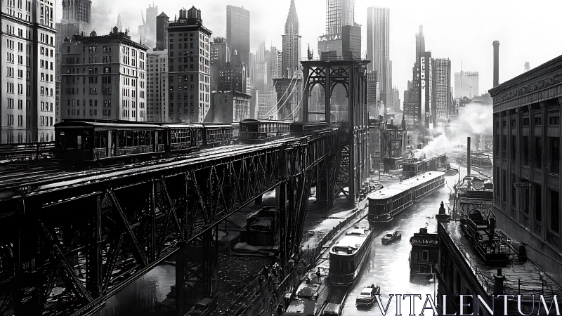 Noir industrial metropolis layers elevated rail and canal traffic