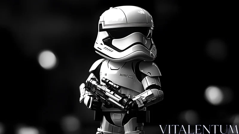 Shiny sci fi toy soldier stands ready in bold monochrome light