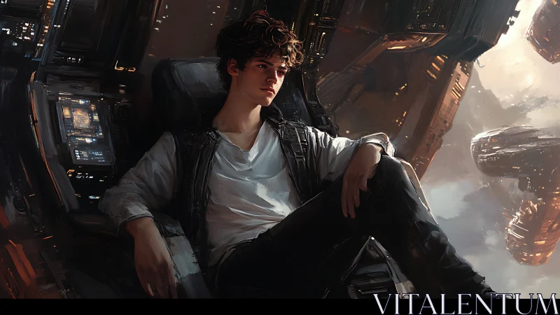 Relaxed starship pilot in illuminated cockpit environment.