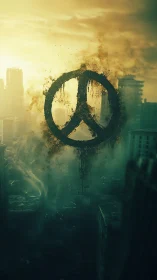 Peace symbol formed from dust over hazy urban skyline.