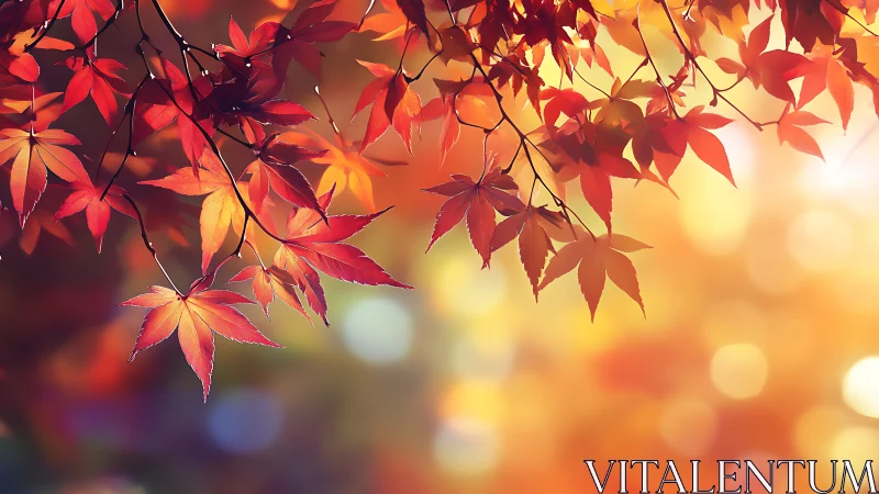 Backlit maple foliage with autumn bokeh field composition.