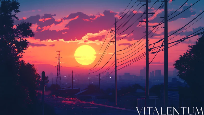 Urban power lines intersect low sun over distant cityscape