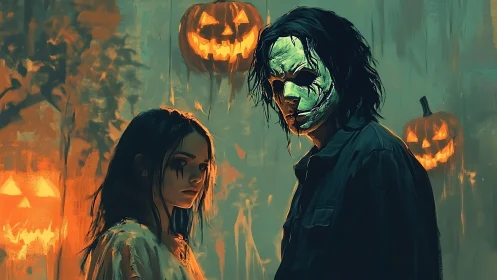 Masked Halloween duo amid sinister jack-o’-lantern glow.