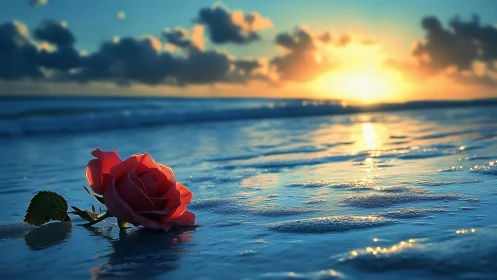 Crimson Rose Meets Golden Horizon Where Waves Whisper