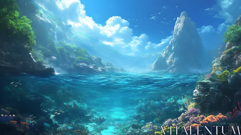Digital seascape panorama with luminous tropical reef waterscape.
