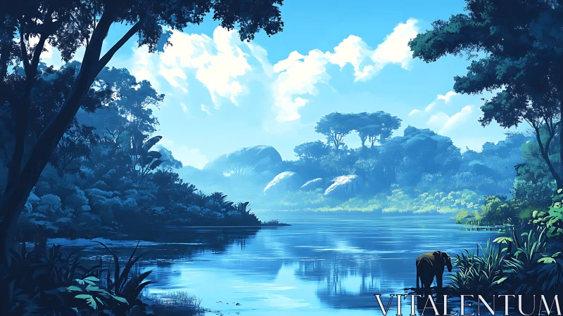 Sunlit jungle river vista with solitary drinking elephant.