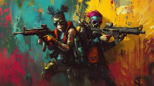 Cyberpunk raiders stand ready against neon graffiti chaos.