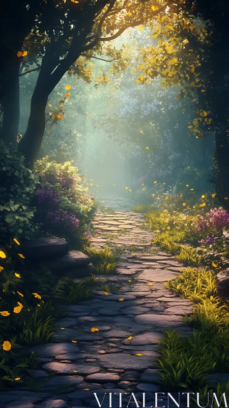 Sunlit stone forest path with lush blooming borders. Period.