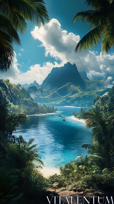 Tropical island lagoon framed by palm trees and volcanic peaks