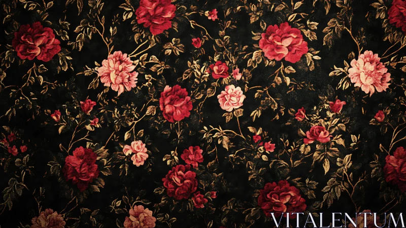 Floral textile pattern shows red roses on dark woven background