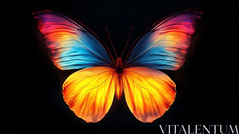 Butterfly displays vivid gradient wings on dark background