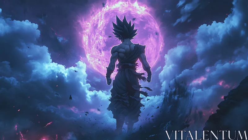 Saiyan warrior faces cosmic energy storm in violet sky.