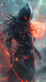 Hooded dark figure channels fiery energy in storm