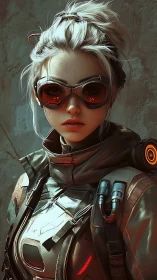 Cyberpunk scout gazes ahead in glowing tactical armor