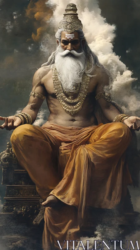 Storm-throned sage king seated amid swirling cosmic clouds.