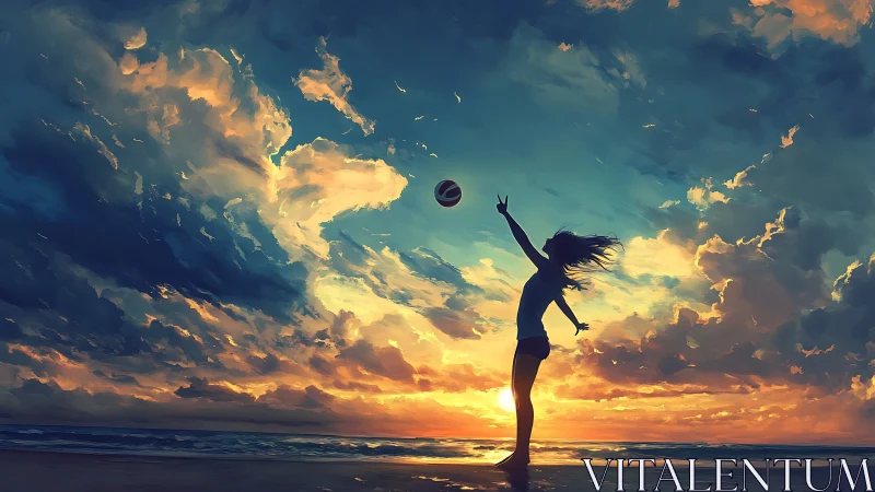 Silhouette of person with ball on shoreline at sunset.