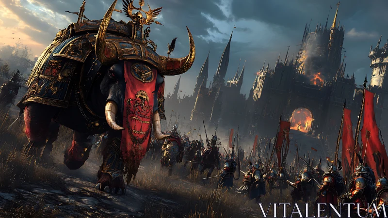 War elephant leads a brave medieval army toward burning citadel.
