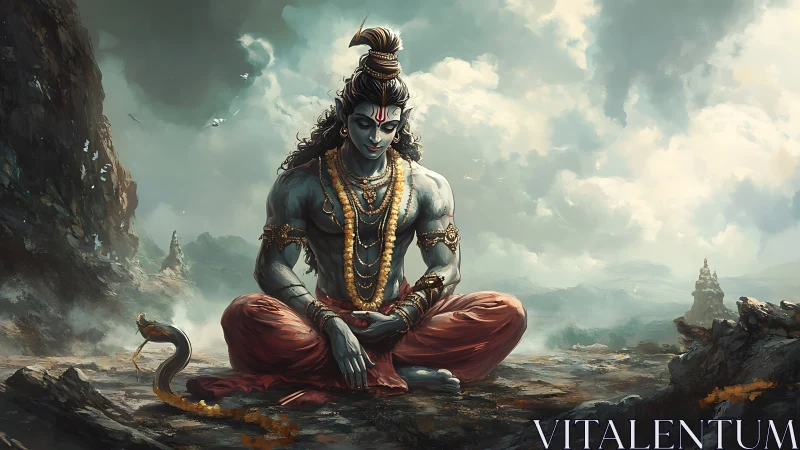 Meditating blue deity amid stormy Himalaya landscape.