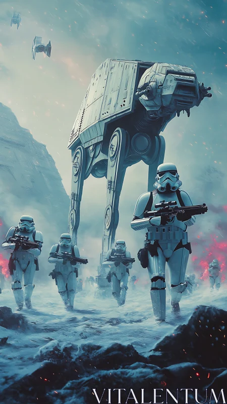 Imperial ground assault with walkers and stormtroopers.