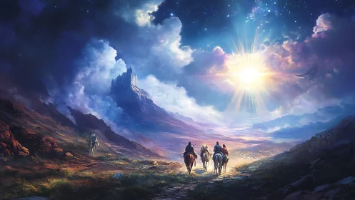 Riders crossing a starlit dawn toward the distant sky citadel.