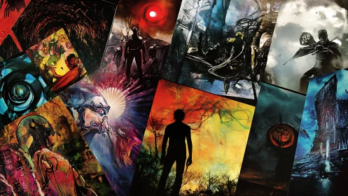 Collaged dark fantasy posters merge silhouettes and chromatic chaos