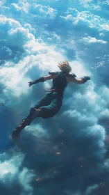 Skyward dreamer gliding through sunlit clouds in freedom.