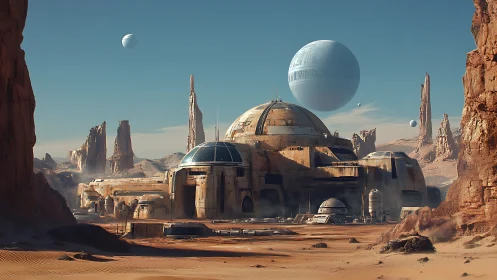 Desert exoplanet dome base with orbiting megastructure spheres