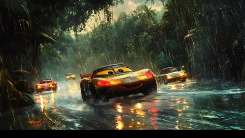 Smiling race cars splash through a glowing rainforest storm.