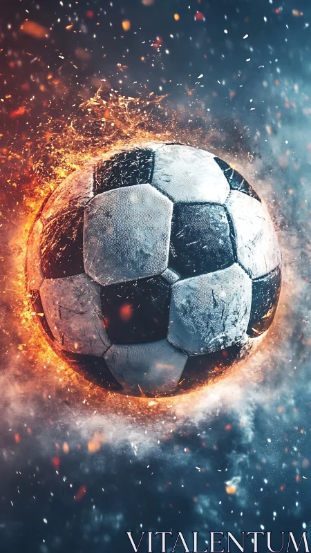 Fire and ice collide around a soaring soccer ball in flight.