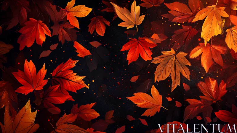 Autumn maple leaves drift across a dark glowing night sky.