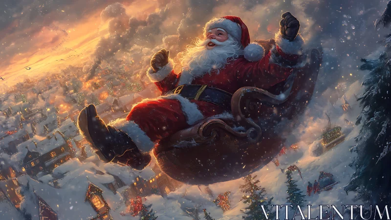 Santa soaring above a glowing snowy town at sunset.