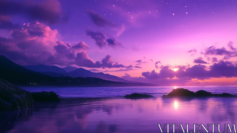 Dreamy violet sunset over calm sea and soft mountains.
