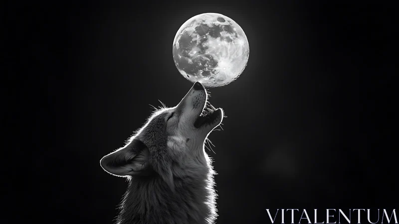 Wolf silhouette howls in monochrome light under full moon