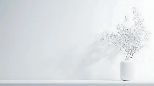 White minimalist vase and branches cast soft shadows.