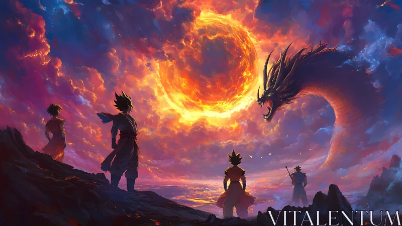 Solar dragon ascension over warriors in blazing sky.