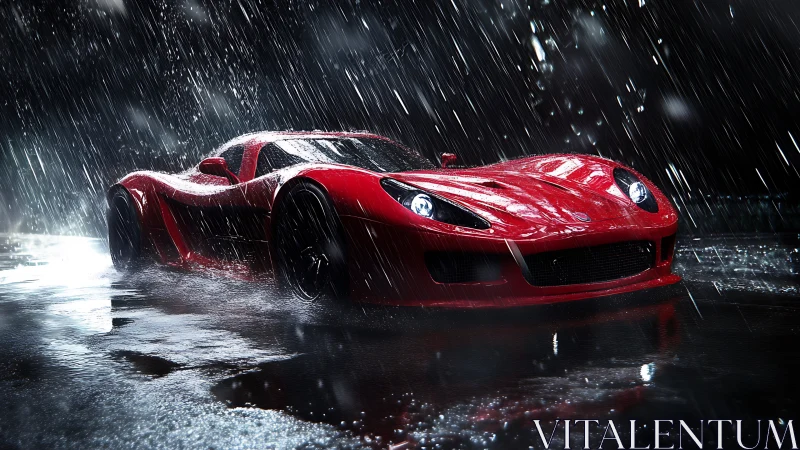 Crimson supercar dancing through midnight city rain.