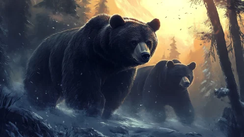 Gentle forest bears wandering through a glowing winter dawn.