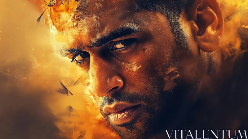 Intense male portrait in blazing orange cinematic smoke field.