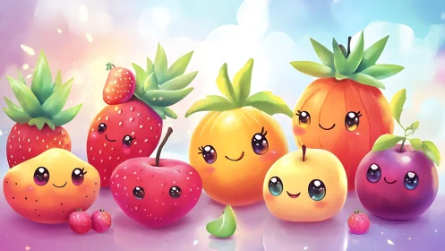 Kawaii style digital illustration of assorted smiling fruit.