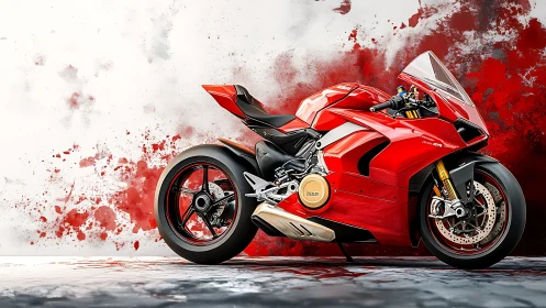 Red superbike stands against dynamic paint splash backdrop.