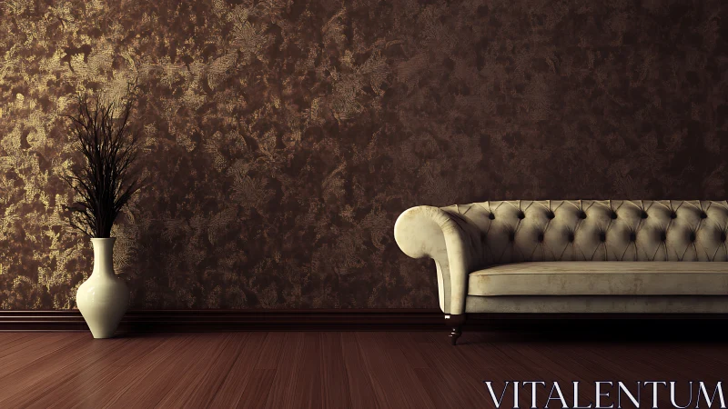 Neutral interior with tufted sofa and vase against textured wall.