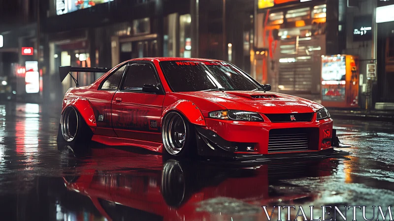 Red widebody tuner coupe on wet neon city street at night.