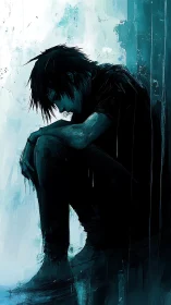 Shadowed boy curls into ocean-blue silence of his thoughts