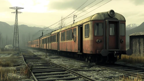 Quiet rust red train resting in a misty mountain siding.