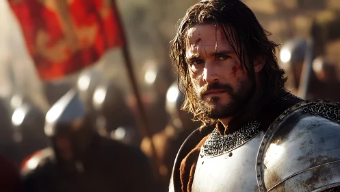 Battle-worn medieval knight amid blurred advancing army.