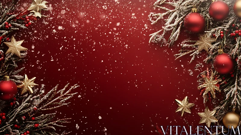 Festive red Christmas border glows with ornaments and snow