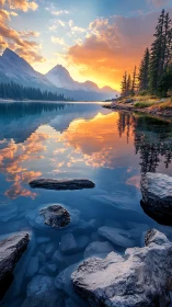 Sunrise reflections over alpine lake and rocky shoreline.